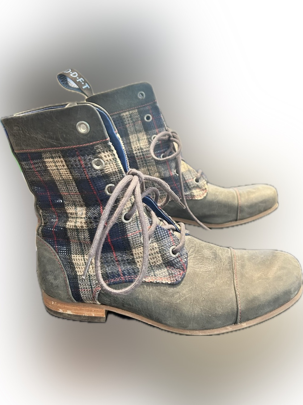 John Fluevog Radio BBC Gray Leather and Navy Plaid Lace-Up Ankle Boots